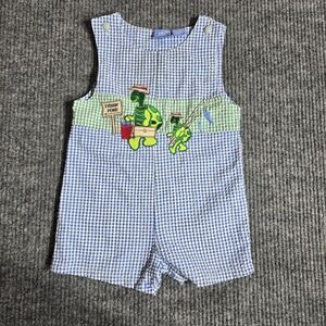 Baby‎ Crew Vintage Shortall Romper Jon Jon Seersucker Blue Green Size 24 Months